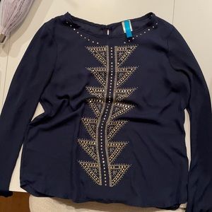 Long Sleeve Navy blouse with gold detail